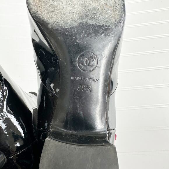 Chanel CC Logo Patent Leather Chelsea Ankle Boots Black Pointed Cap Toe 36.6 - Picture 9 of 14